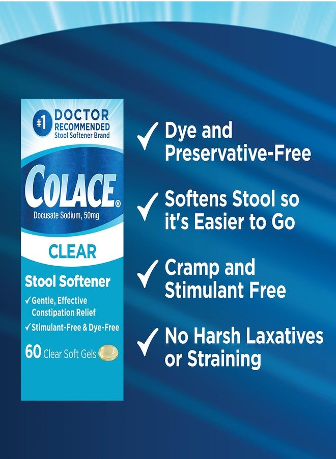 Colace Clear Stool Softener for Gentle Effective Constipation Relief, #1 Doctor Recommended Stool Softener Brand, Dye Free, 50 mg Docusate Capsules, 60 Count - Image 5